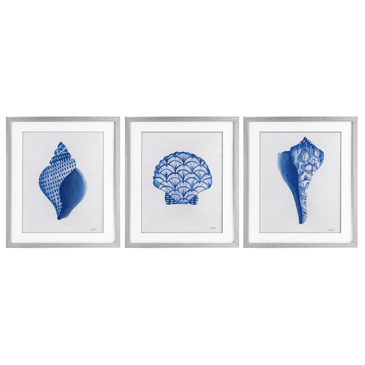 Stupell Industries Blue Chinoiserie Seashells 3pc Framed Print Under Glass Set, design by Courtney Prahl